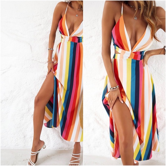 Boho multicolor Stripes Lace up Back Maxi Dress - Picture 3 of 7
